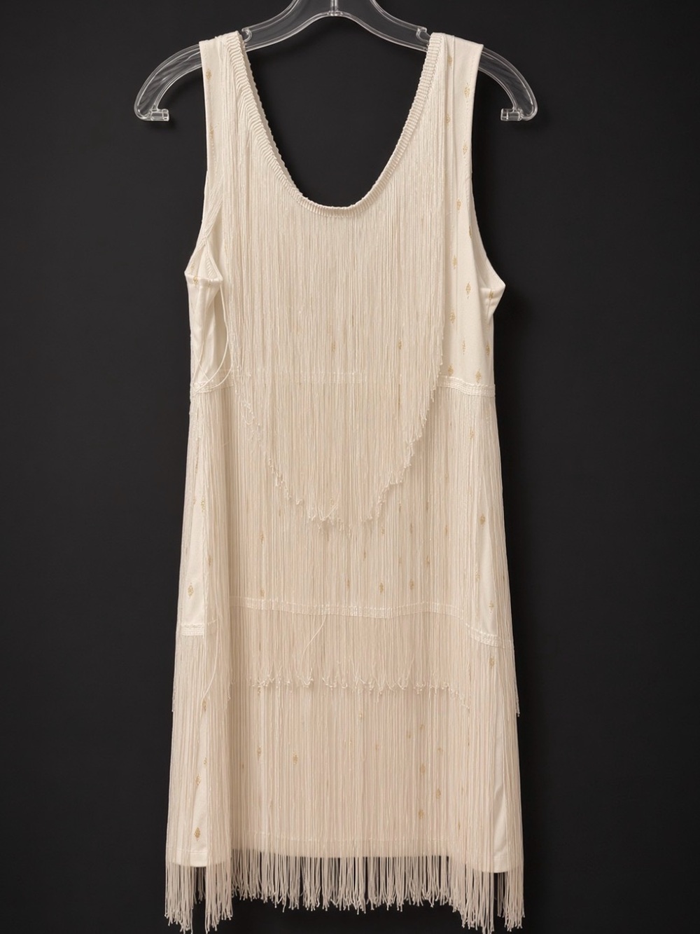 Ivory Gold Dot Fringe Flapper Dress Sleeveless 1920s Party Mini